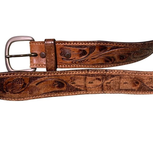 Western Genuine  Tooled Rawhide Brown Belt With Exchangeable Buckle Size 34 - Picture 3 of 6